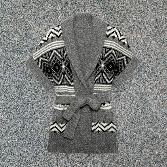 Old Navy Fair Isle Tie-Waist Gray Cardigan - Women's LARGE With Matching Belt - Picture 1 of 5